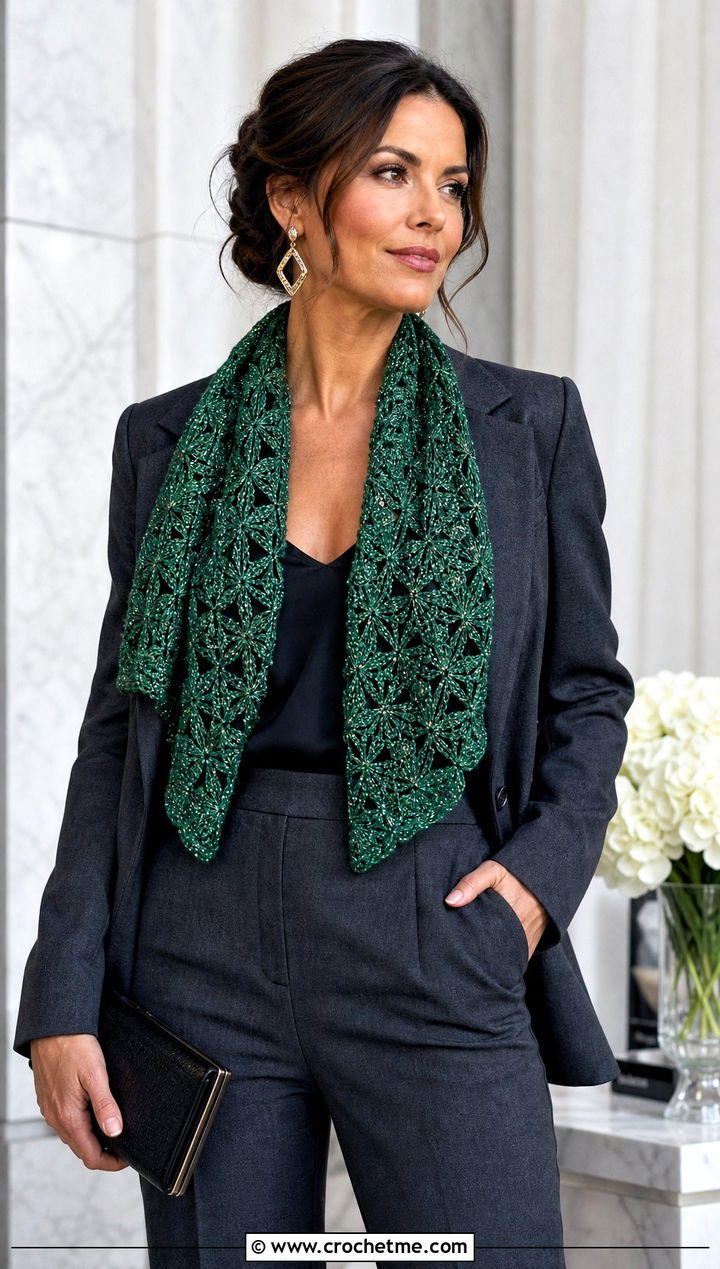 Metallic Star Crochet Shawl With Trouser Suit - 30 star crochet shawl outfit ideas