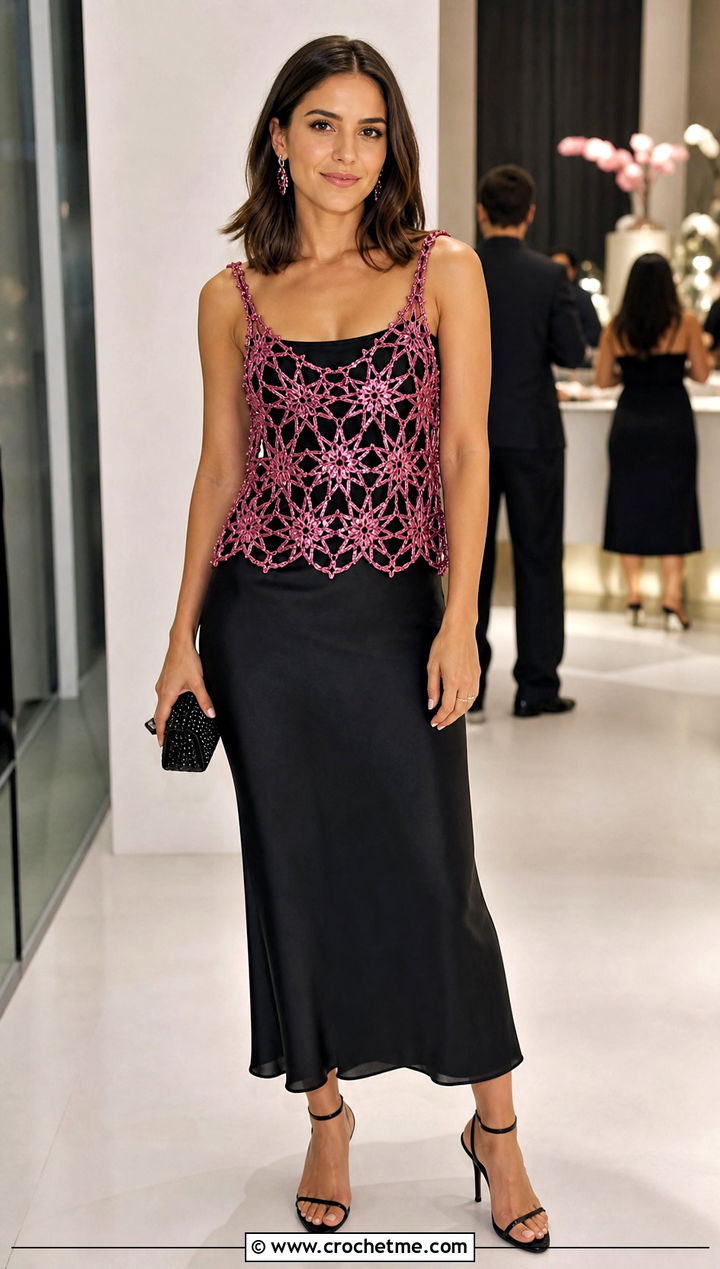 Metallic Star Crochet Tank Top With Black Midi Skirt - 25 Star Crochet Tank Top outfit ideas