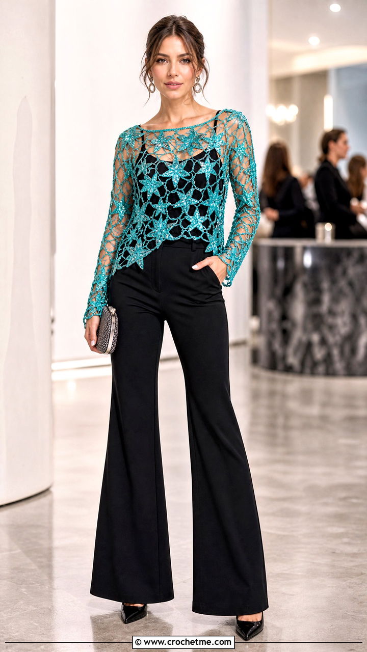 Metallic Star Sweater With Black Tailored Pants - 35 crochet star sweater outfit ideas