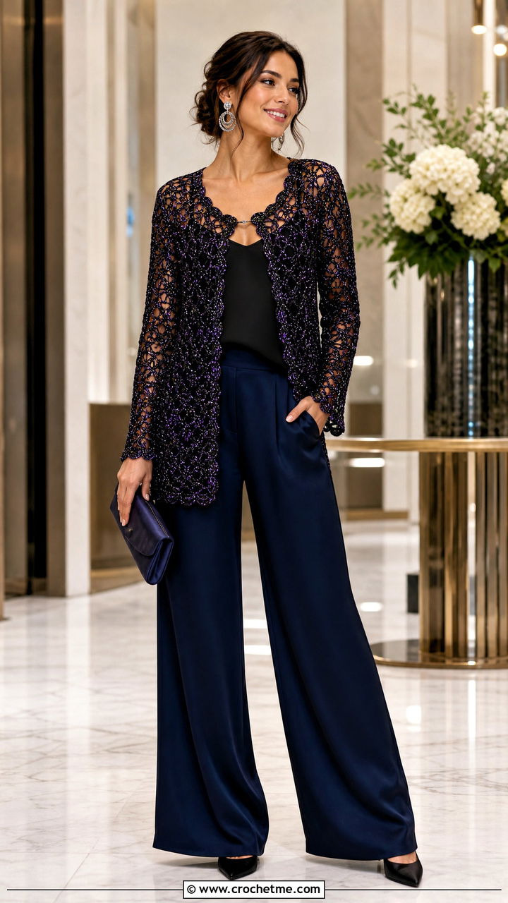 Metallic Thread Black Crochet Cardigan With Evening Trousers - 35 black crochet cardigan outfit ideas