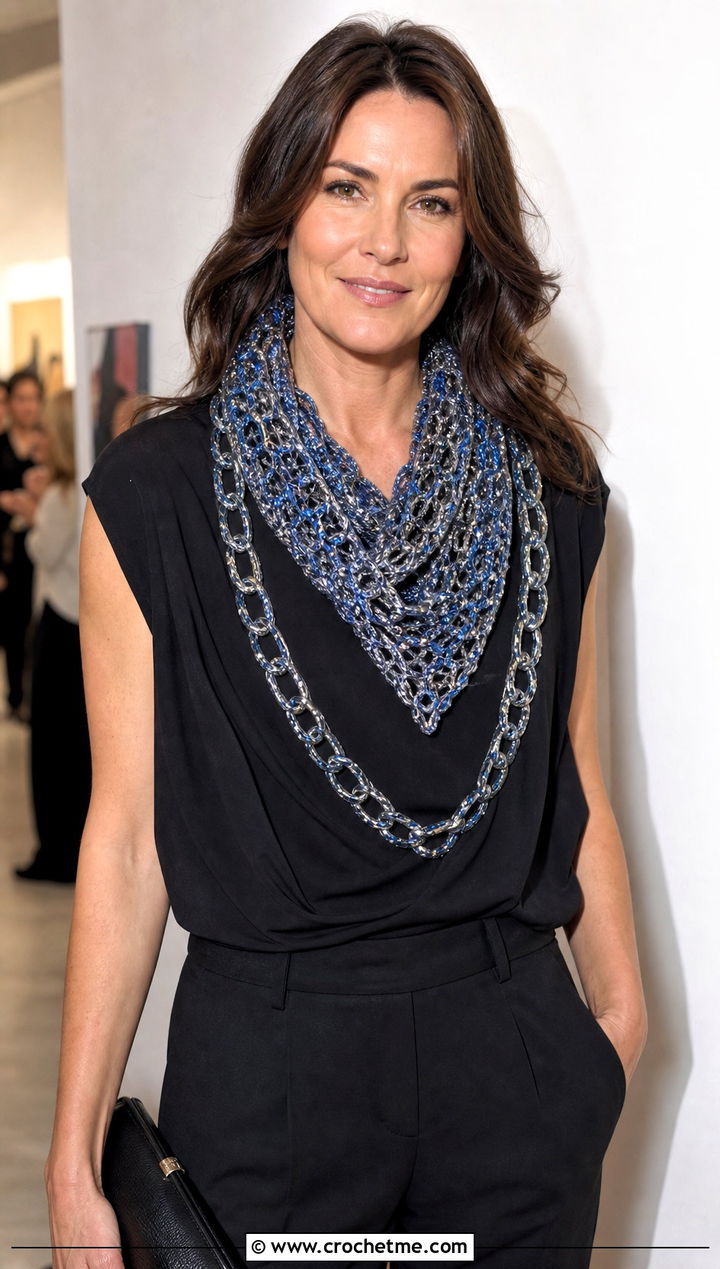 Metallic Thread Chain Link Scarf With Black Evening Separates - 25 Crochet Chain Link Scarf outfit ideas