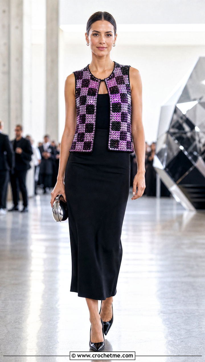 Metallic Thread Checkerboard Vest With Column Skirt - 15 Crochet Wednesday Addams Vest outfit ideas