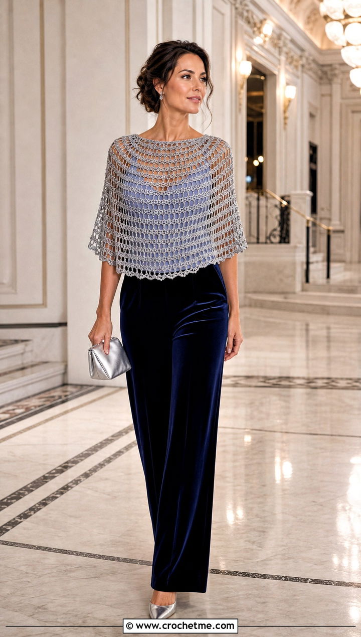 Metallic Thread Circular Poncho With Velvet Trousers - 25 Crochet Circular Poncho outfit ideas