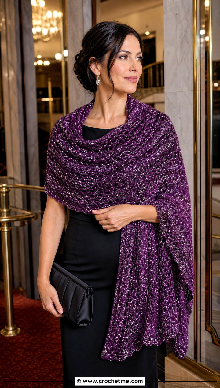 Metallic Thread Circular Shawl With a Black Dress - 30 crochet circular shawl outfit ideas