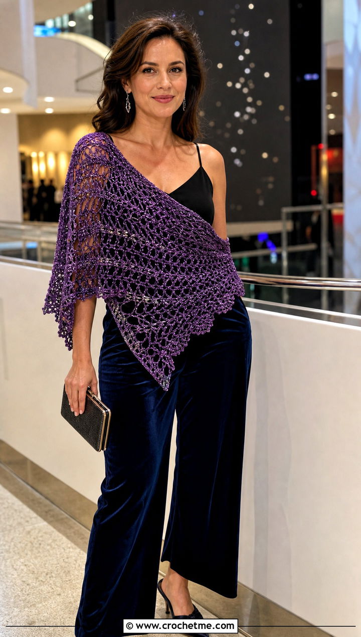 Metallic Thread Crescent Crochet Shawl With Velvet Pants - 25 Crescent Crochet Shawl outfit ideas