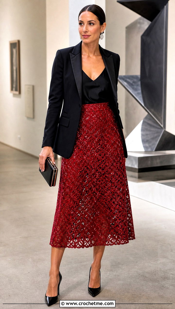 Metallic Thread Crochet A Line Skirt With Tuxedo Blazer - 25 Crochet A Line Skirt outfit ideas