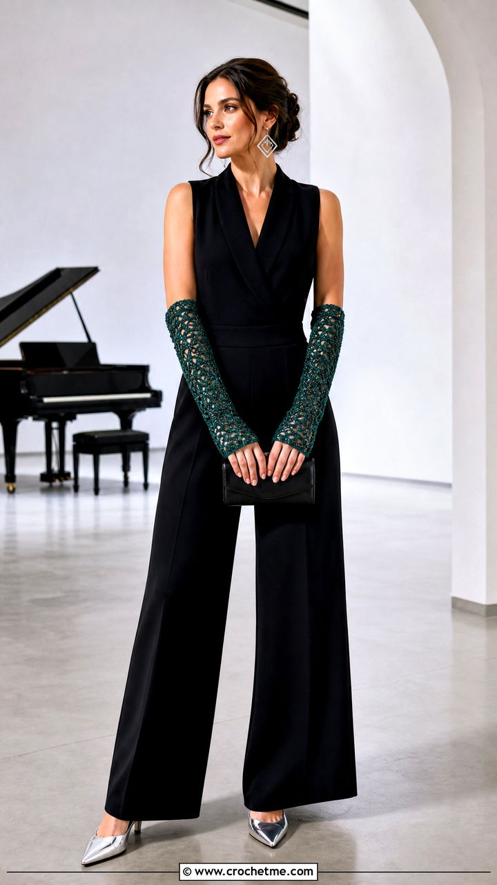 Metallic Thread Crochet Arm Warmers With Black Jumpsuit - 35 crochet arm warmers outfit ideas