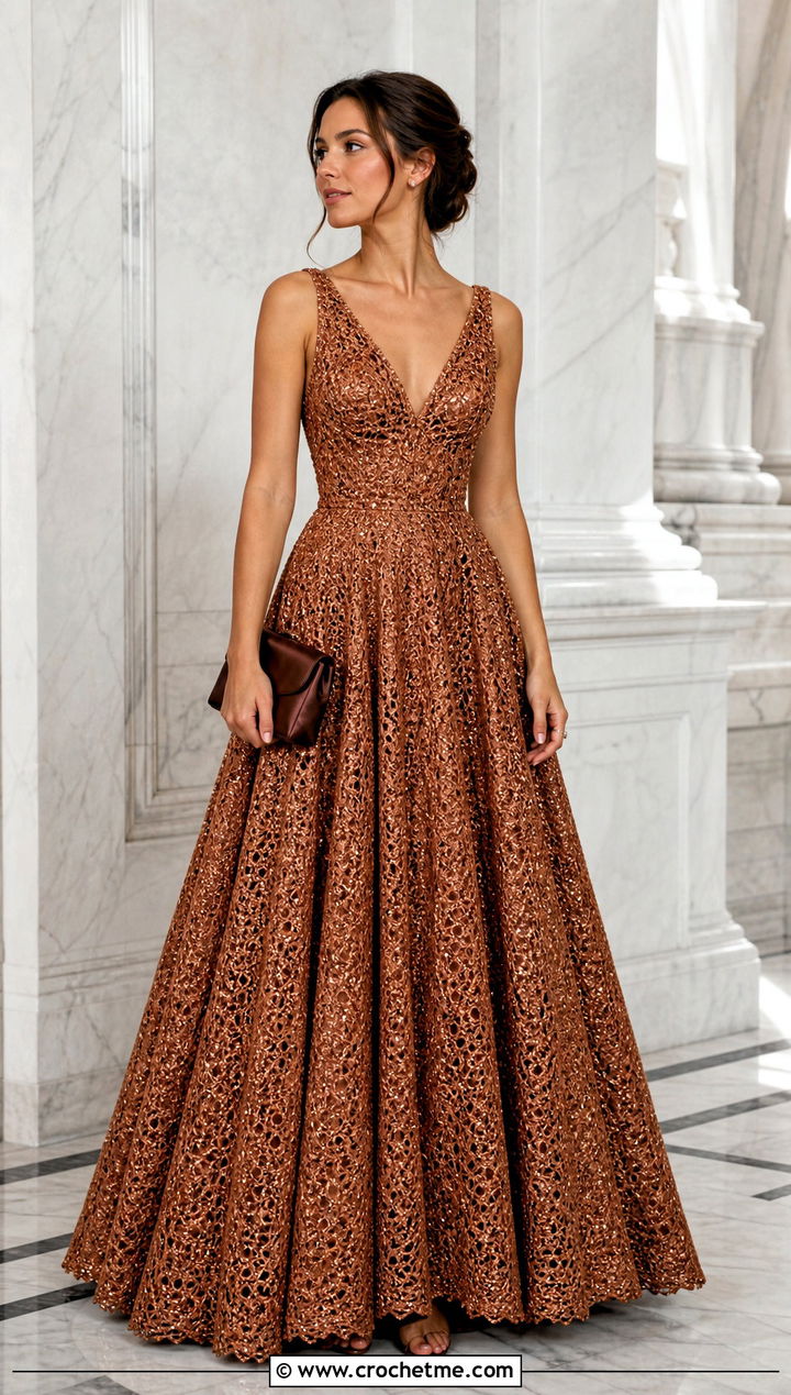 Metallic Thread Crochet Ball Gown With Minimal Jewelry - 30 crochet ball gown dress outfit ideas