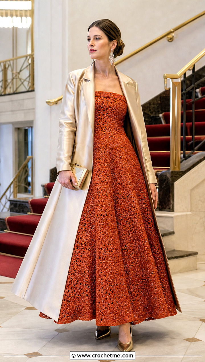 Metallic Thread Crochet Ball Gown With Satin Coat - 20 Crochet Ball Gown outfit ideas