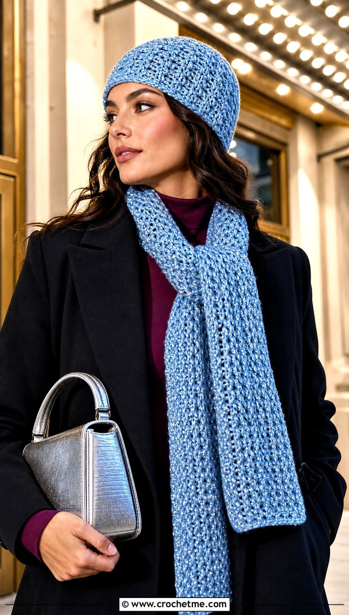 Metallic Thread Crochet Beanie And Scarf Set With Evening Outfit - 30 crochet beanie and scarf set outfit ideas