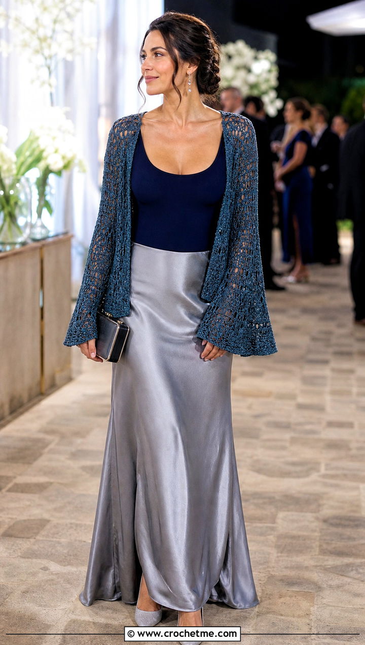 Metallic Thread Crochet Bell Sleeve Cardigan With Satin Maxi Skirt - 30 crochet bell sleeve cardigan outfit ideas