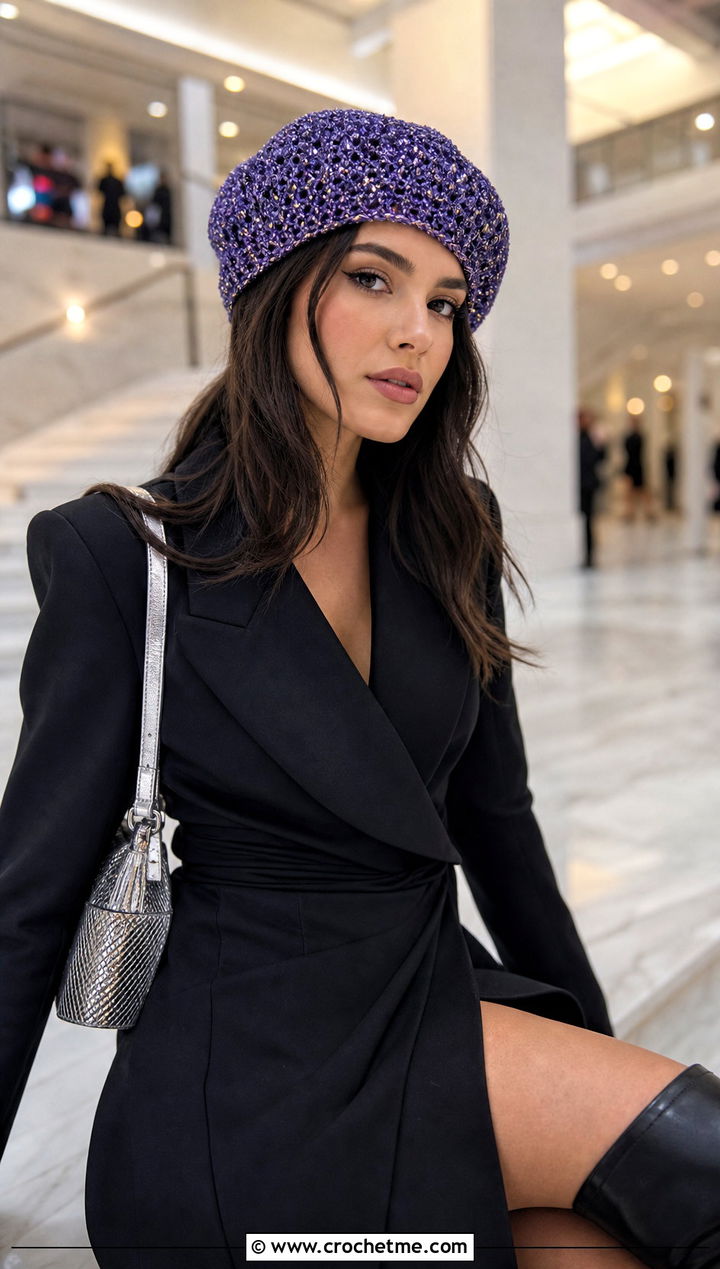 Metallic Thread Crochet Beret With Blazer Dress And Tall Boots - 30 crochet berets outfit ideas