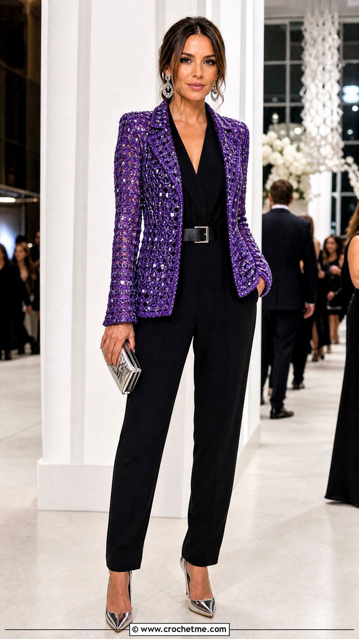 Metallic Thread Crochet Blazer With Black Jumpsuit - 35 crochet blazer outfit ideas