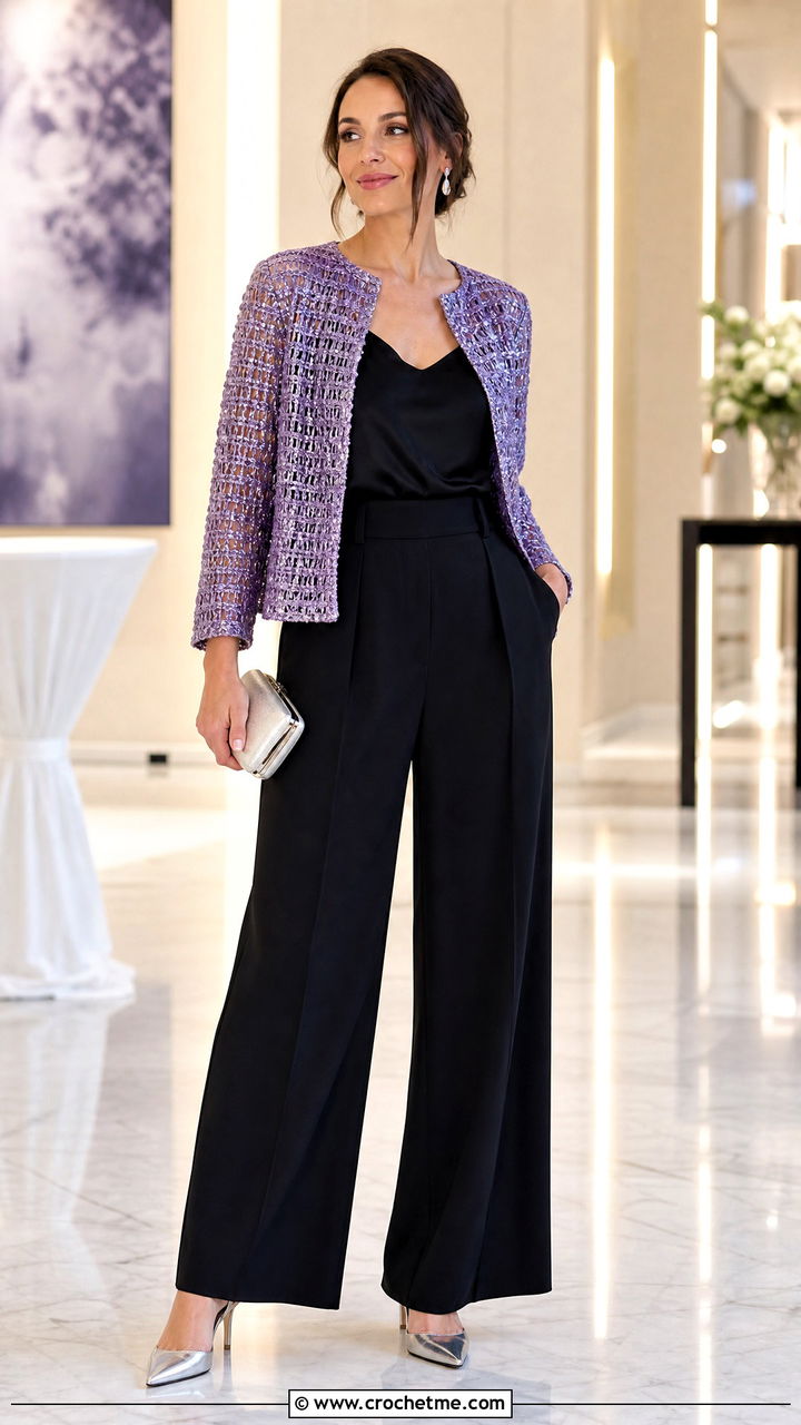 Metallic Thread Crochet Bog Jacket With Black Trousers - 35 Crochet Bog Jacket outfit ideas