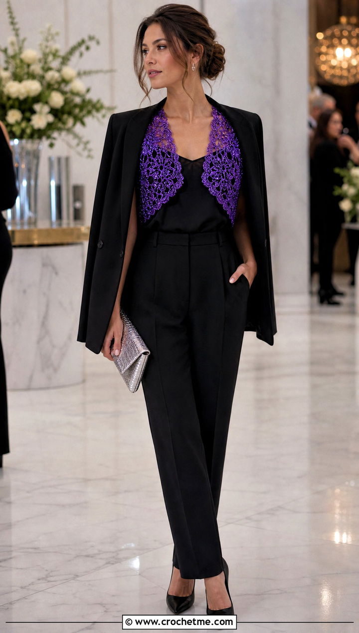 Metallic Thread Crochet Bolero With Tailored Suit - 25 Crochet Mini Sweater outfit ideas