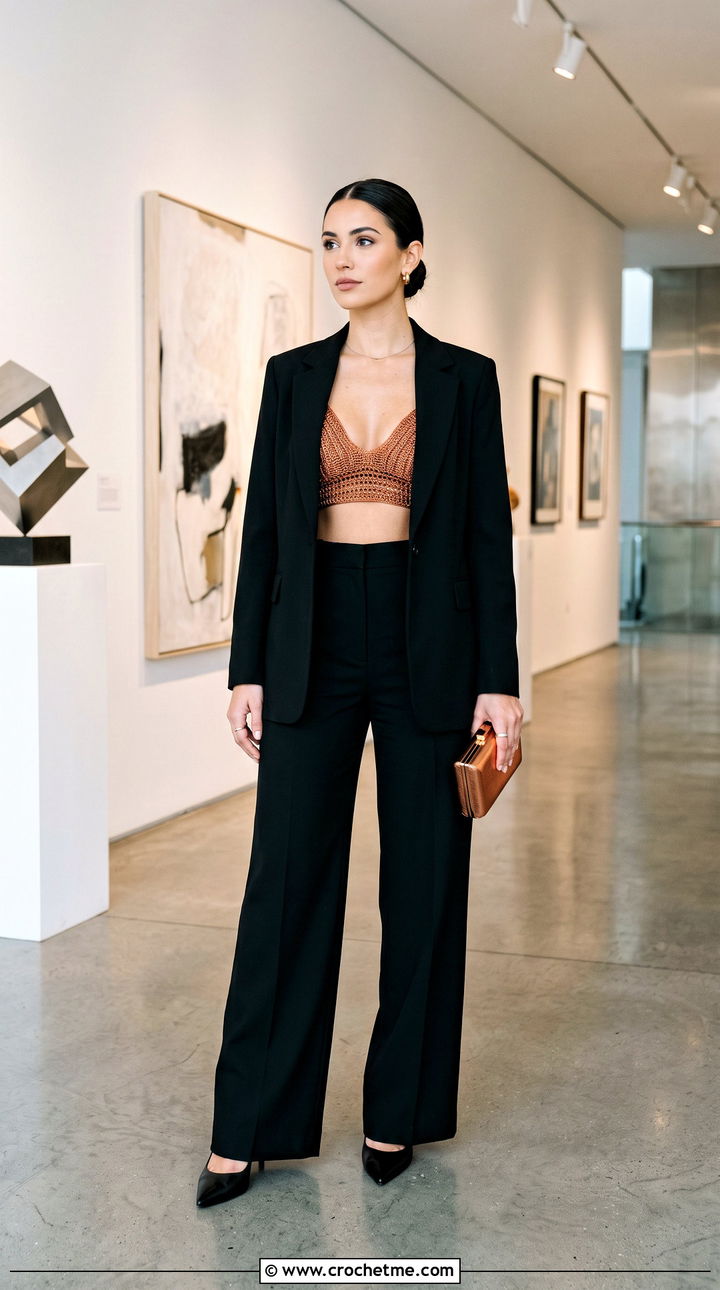 Metallic Thread Crochet Bra Top With Black Suit - 35 crochet bra top outfit ideas