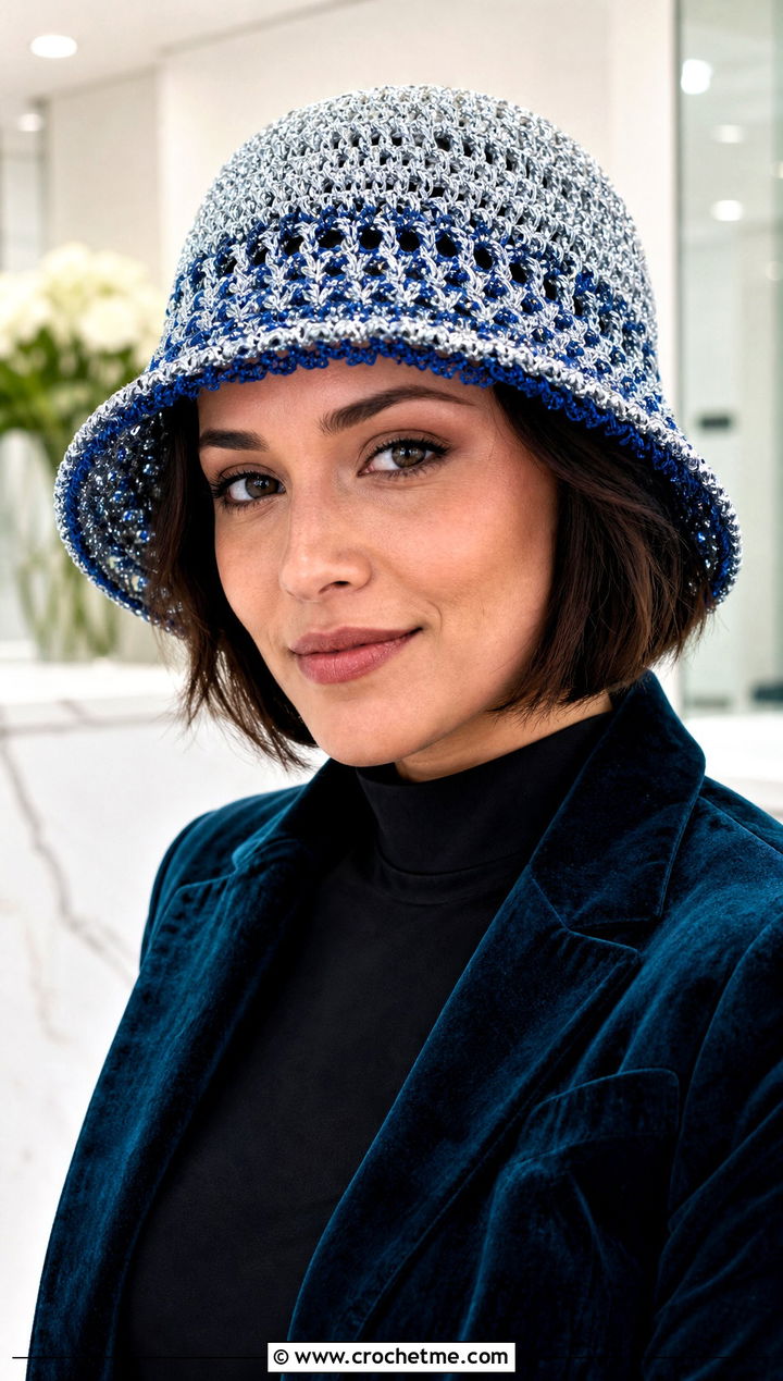 Metallic Thread Crochet Bucket Hat With Velvet Suit - 35 crochet winter bucket hat outfit ideas