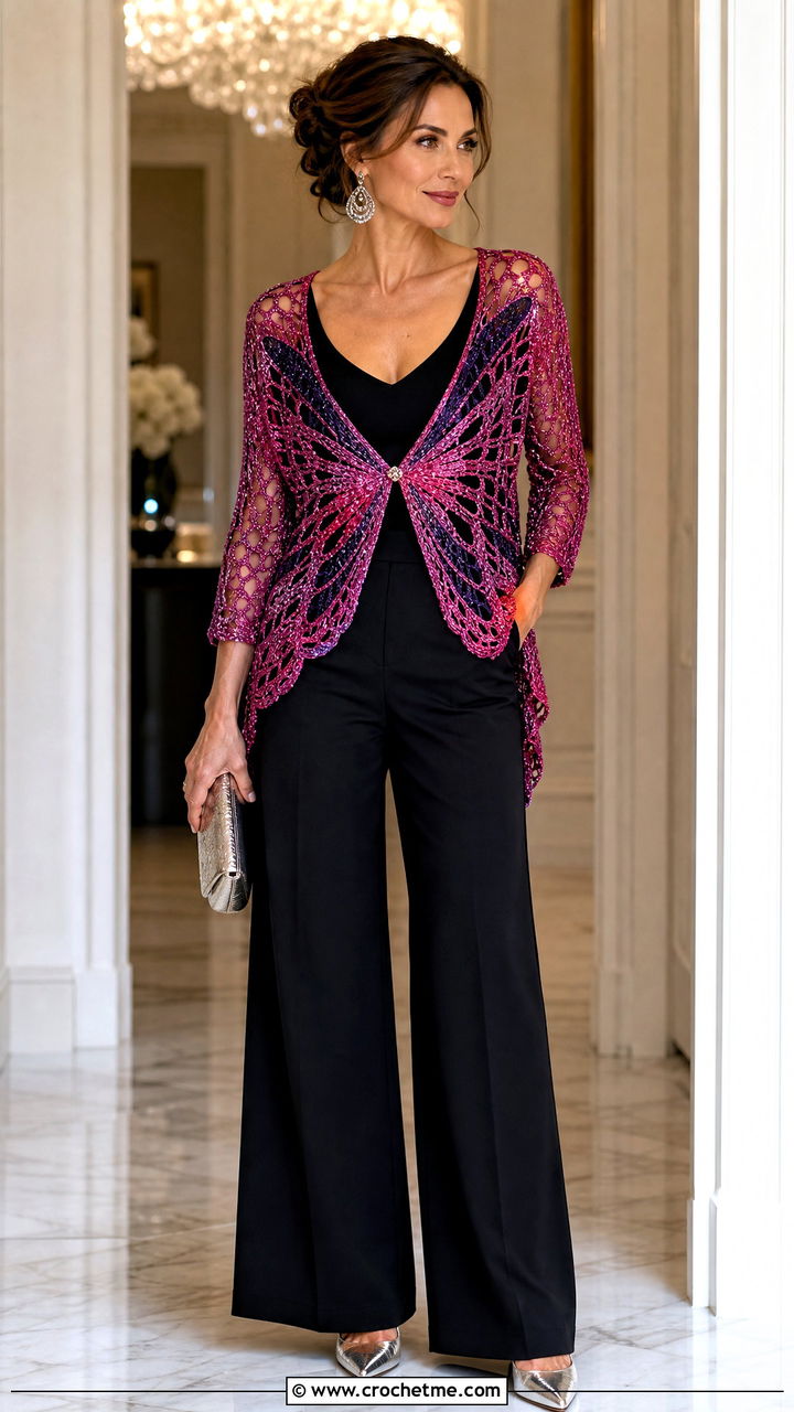 Metallic Thread Crochet Butterfly Cardigan With Evening Trousers - 35 crochet butterfly cardigan outfit ideas