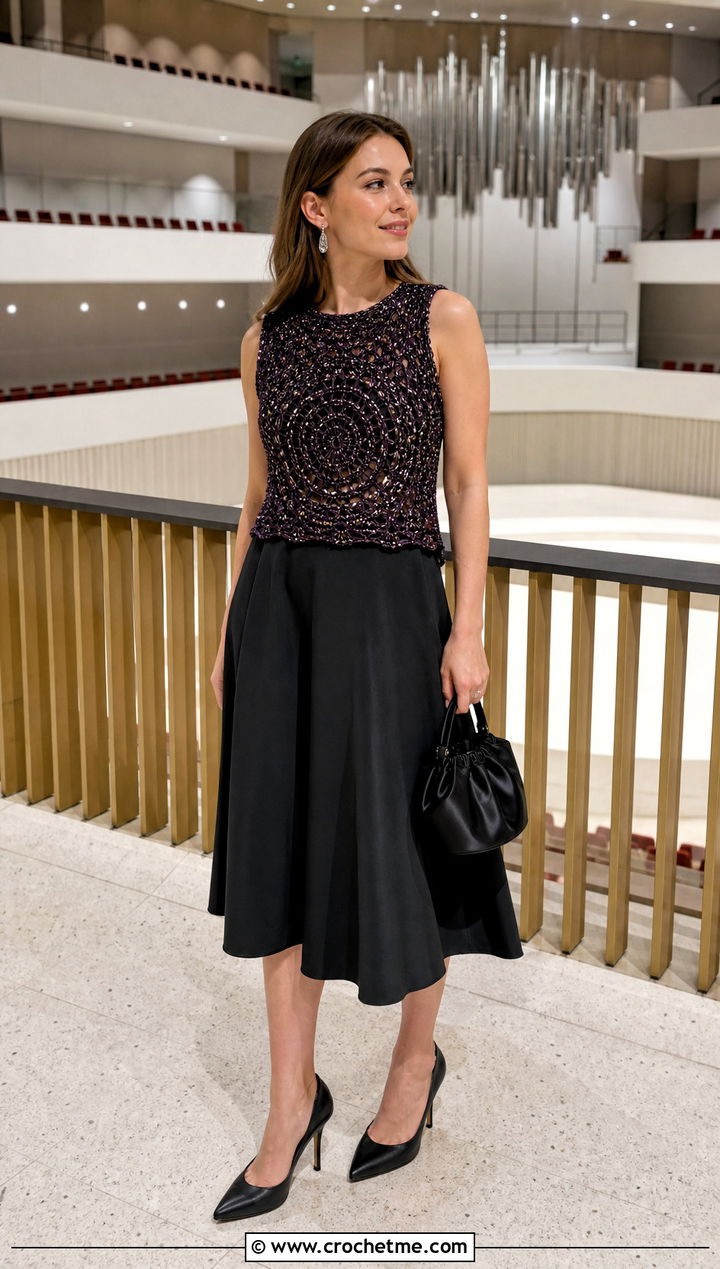 Metallic Thread Crochet Cleo Top With Black Midi Skirt - 30 crochet cleo top outfit ideas
