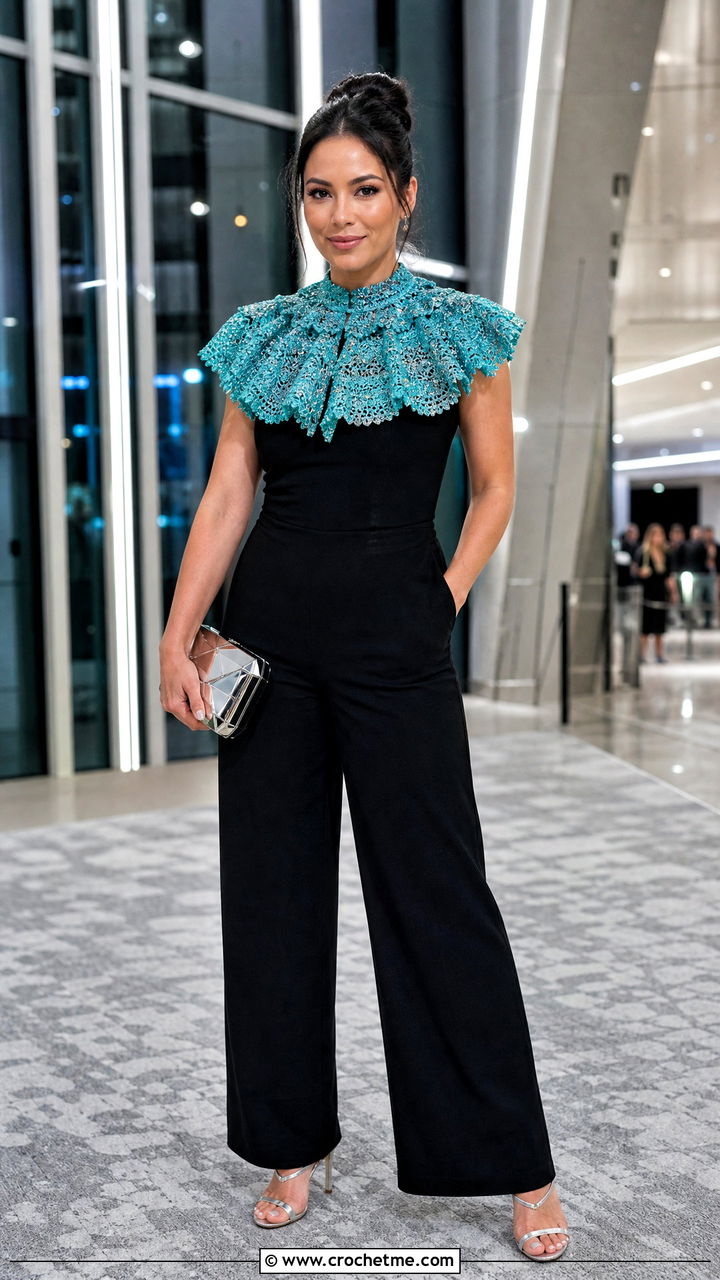 Metallic Thread Crochet Clown Collar With Evening Jumpsuit - 35 crochet clown collar outfit ideas