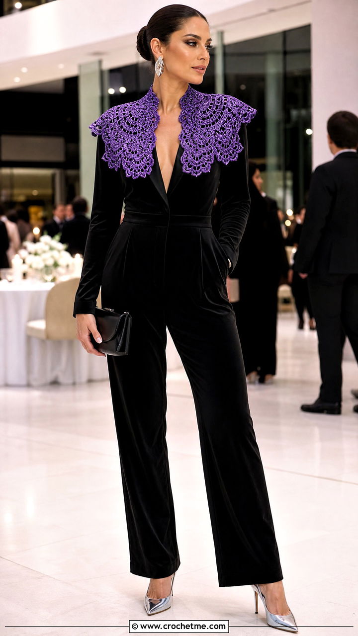 Metallic Thread Crochet Collar With Tuxedo Jumpsuit - 35 crochet collars outfit ideas