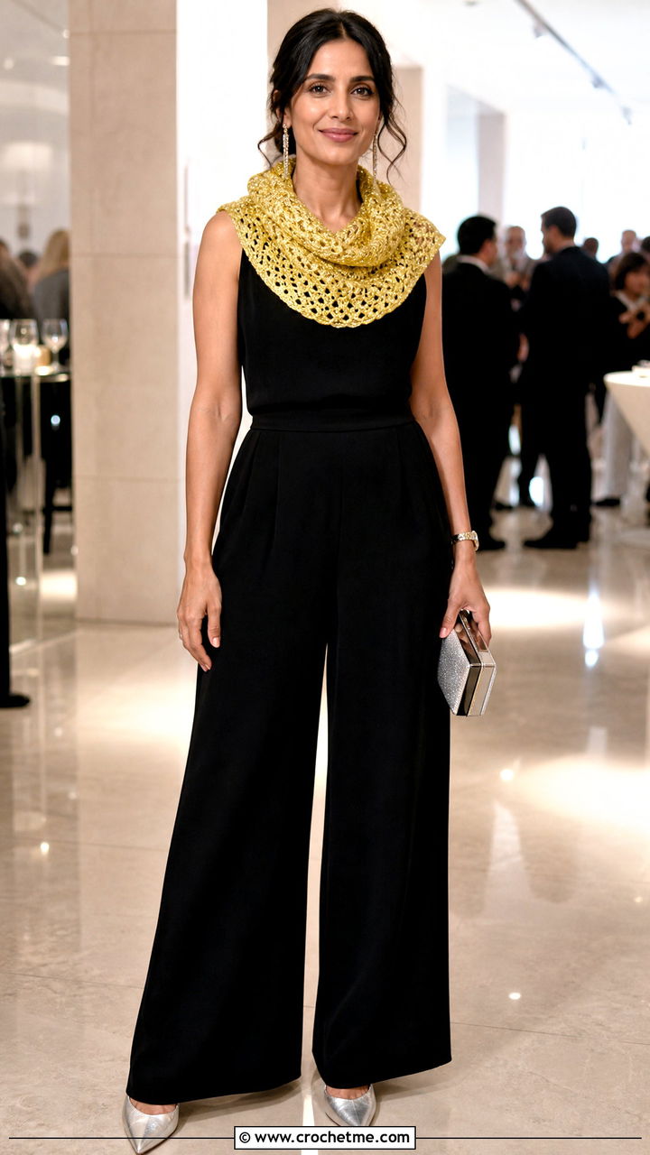 Metallic Thread Crochet Cowl With Evening Jumpsuit - 35 crochet cowl outfit ideas