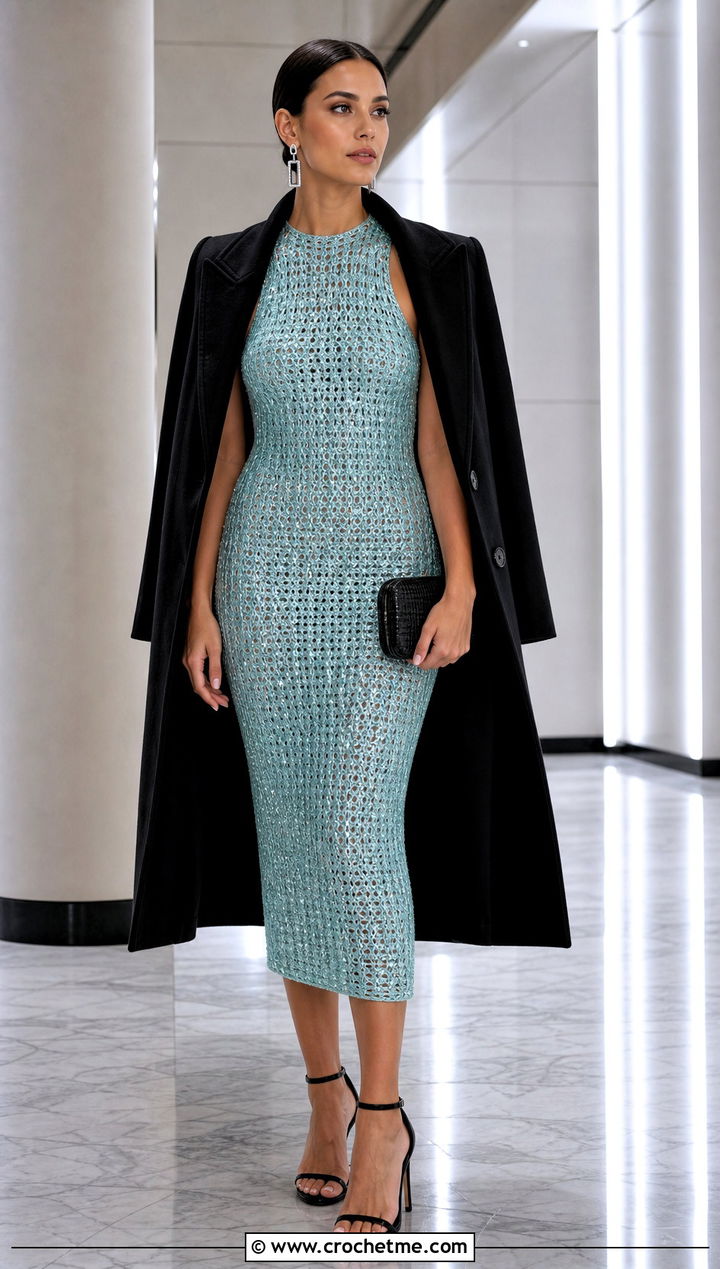 Metallic Thread Crochet Dress With Black Accessories - 35 Formal Crochet Dress outfit ideas