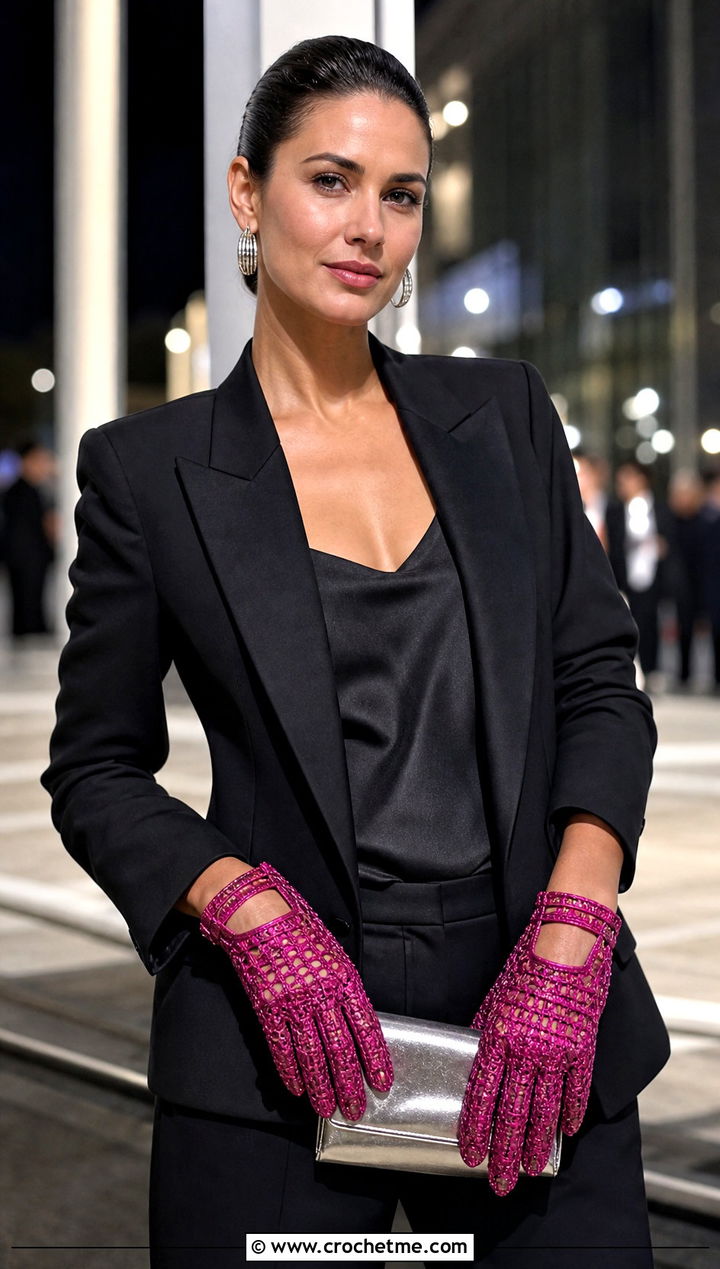 Metallic Thread Crochet Driving Gloves With Evening Suit - 25 Crochet Driving Gloves outfit ideas
