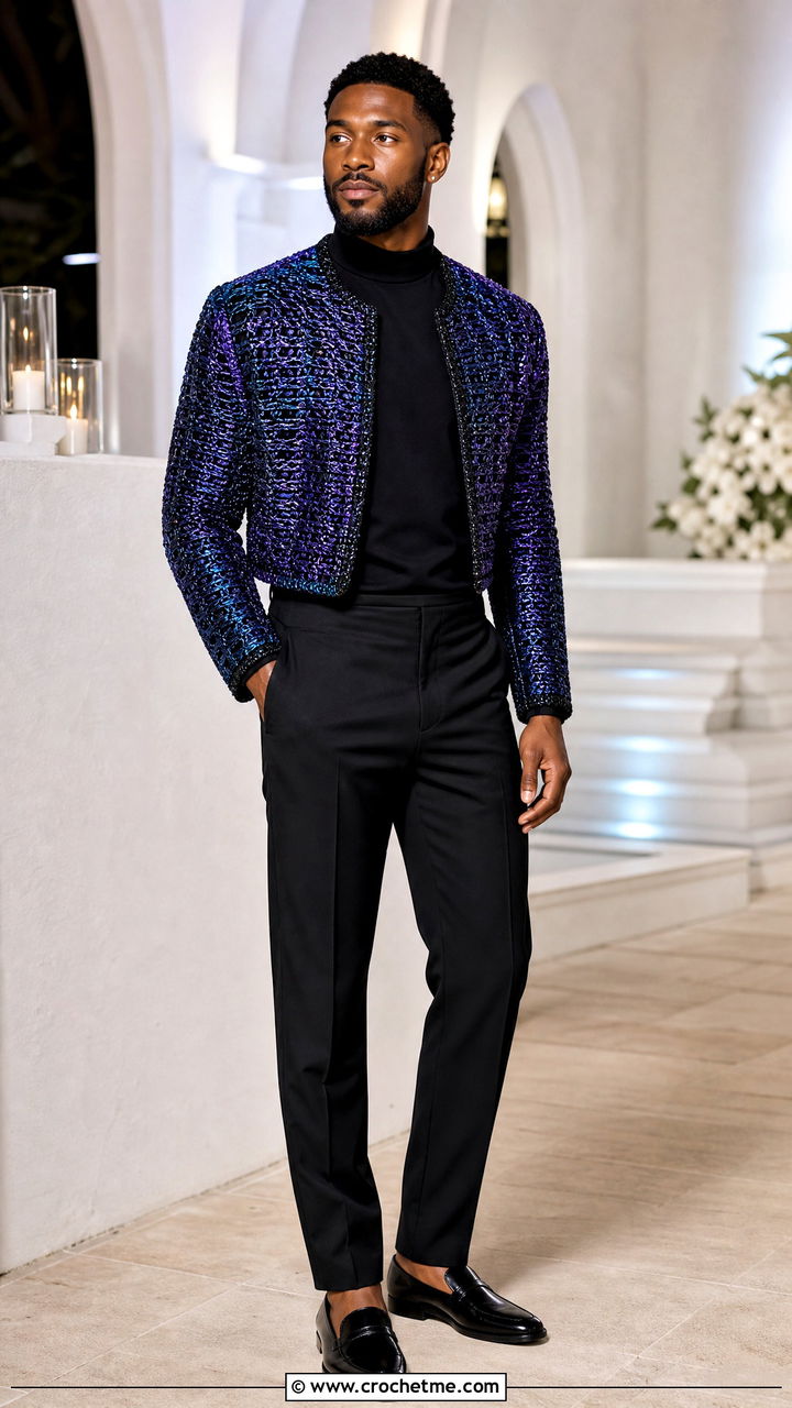 Metallic Thread Crochet Evening Jacket With Tailored Trousers - 35 crochet jacket for men outfit ideas