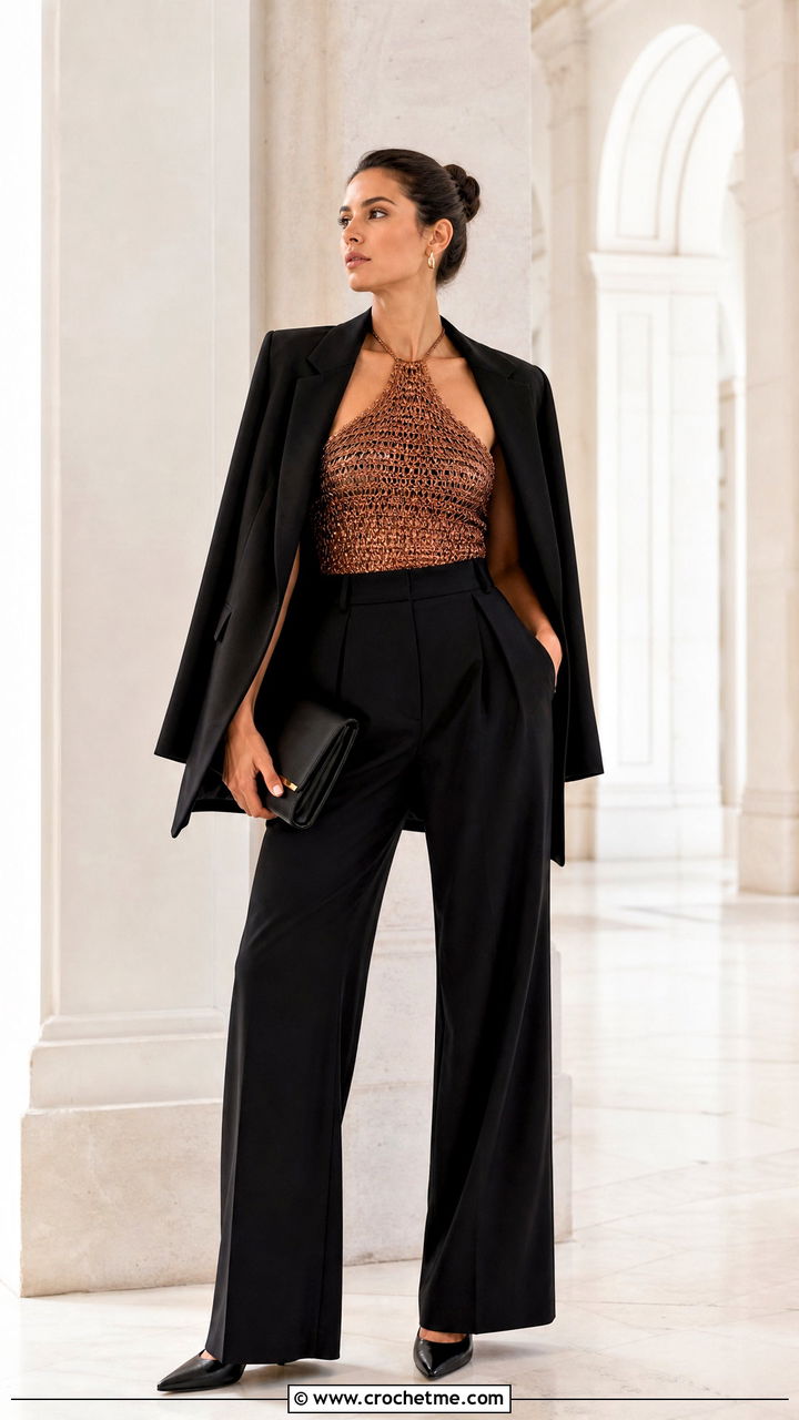 Metallic Thread Crochet Halter Top With Black Trousers - 35 crochet halter top outfit ideas
