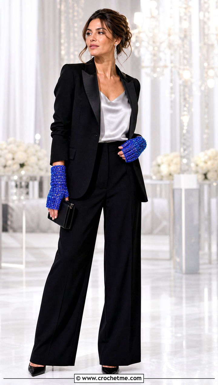 Metallic Thread Crochet Handwarmers With A Tuxedo Suit - 35 crochet handwarmers outfit ideas