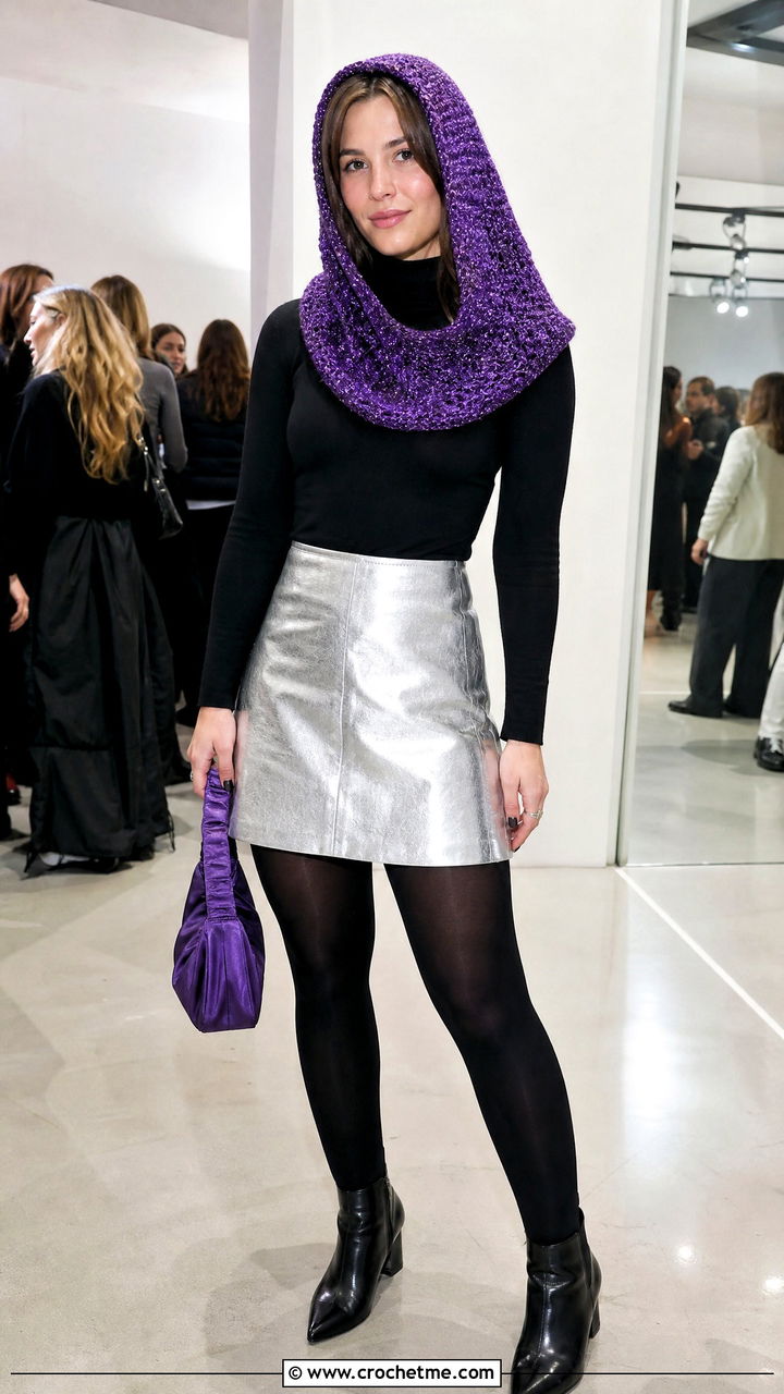 Metallic Thread Crochet Hooded Cowl With Mini Skirt - 35 crochet hooded cowl outfit ideas