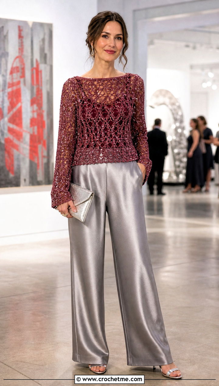 Metallic Thread Crochet Jumper With Satin Trousers - 25 crochet jumper for women outfit ideas