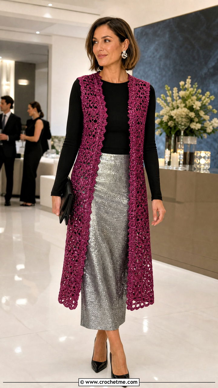 Metallic Thread Crochet Long Vest With Sequin Skirt - 35 Crochet Long Vest outfit ideas