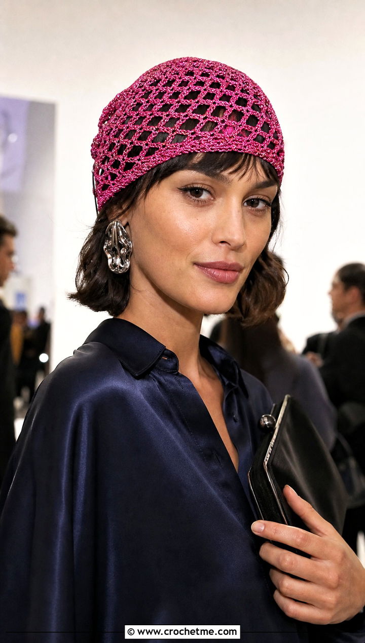 Metallic Thread Crochet Mesh Beanie With Evening Separates - 25 crochet mesh beanie outfit ideas