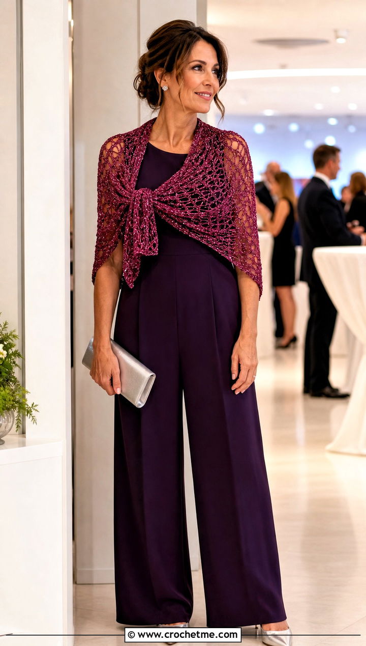 Metallic Thread Crochet Mesh Scarf With Jumpsuit And Heels - 25 Crochet Mesh Scarf outfit ideas