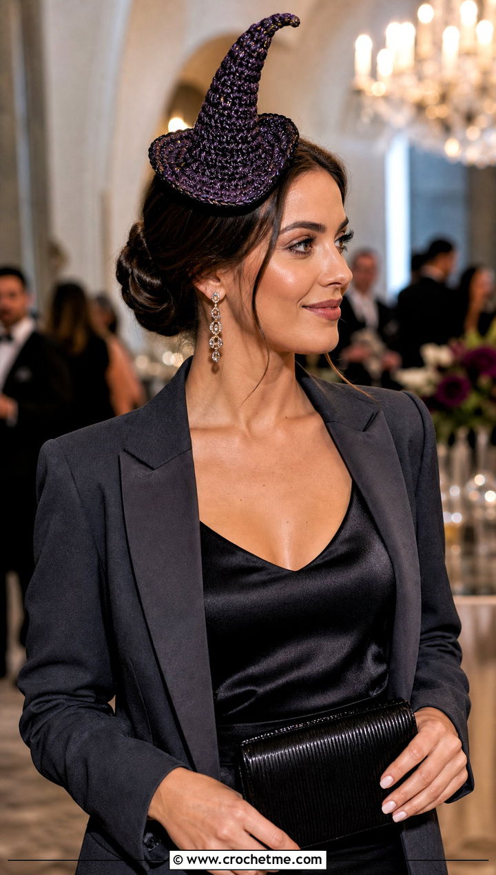 Metallic Thread Crochet Mini Witch Hat With Evening Suit - 25 Crochet Mini Witch Hat outfit ideas