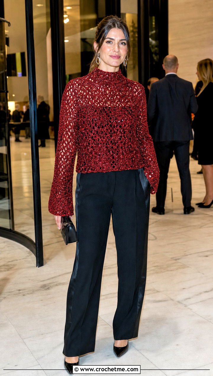 Metallic Thread Crochet Mock Neck Sweater With Tuxedo Pants - 25 Crochet Mock Neck Sweater outfit ideas