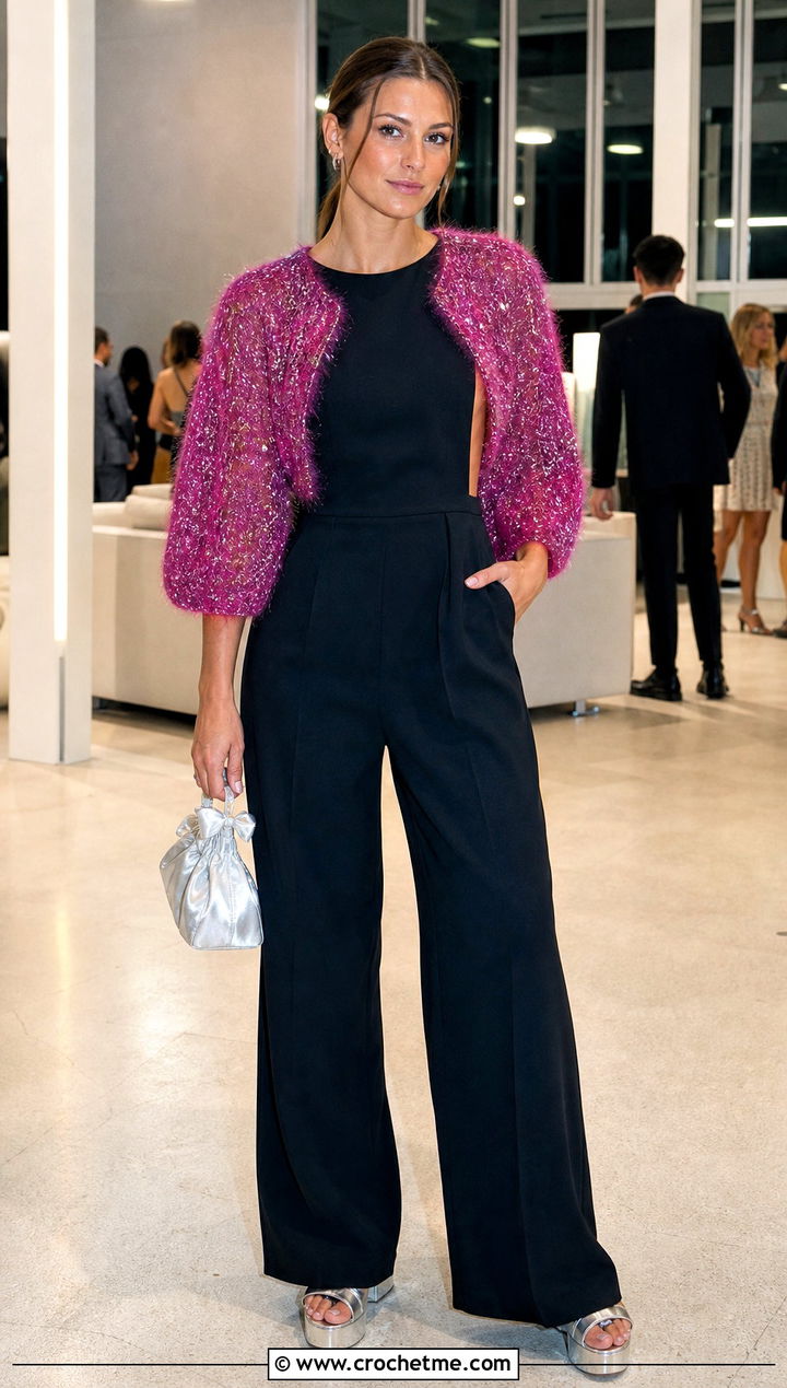Metallic Thread Crochet Mohair Bolero With Black Jumpsuit - 30 crochet mohair bolero outfit ideas