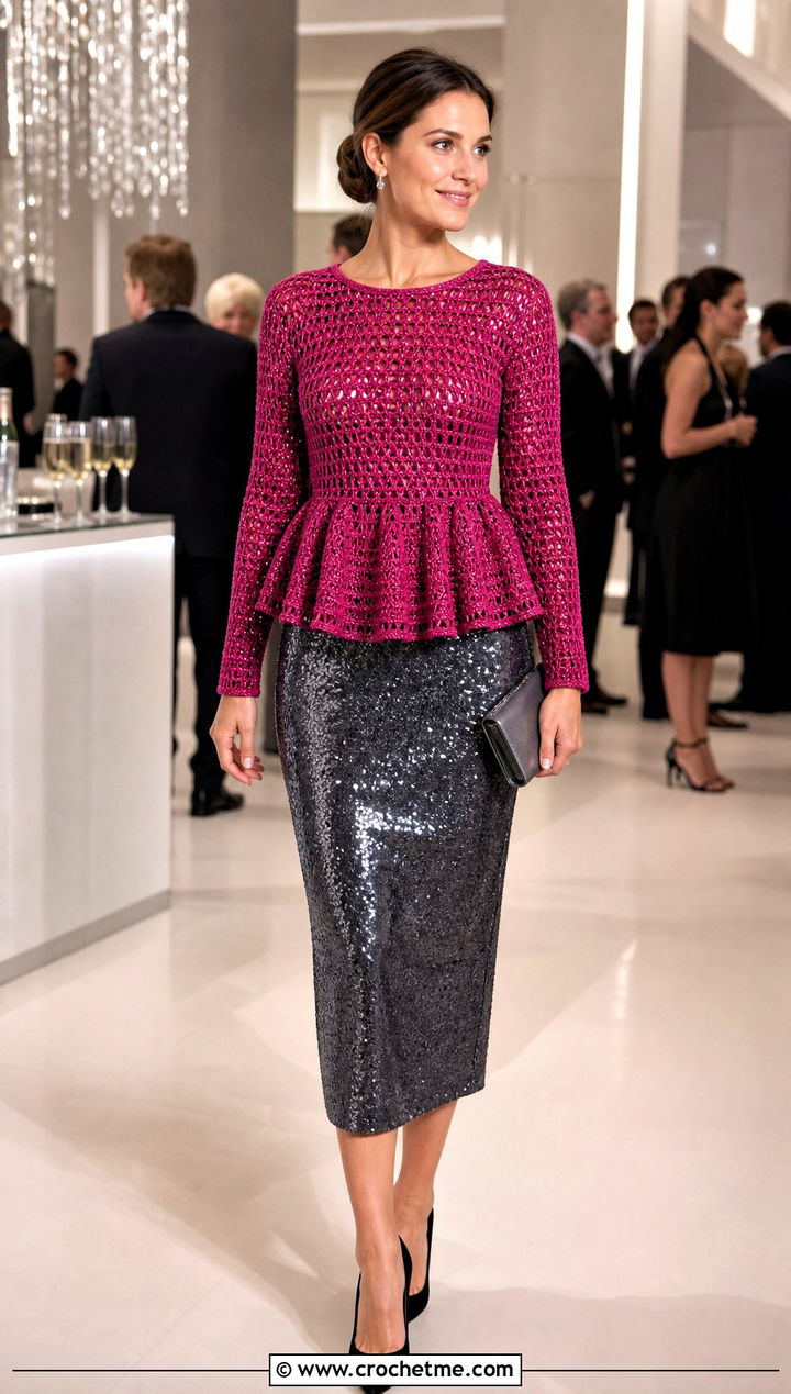 Metallic Thread Crochet Peplum Sweater With Sequin Skirt - 15 Crochet Peplum Sweater outfit ideas