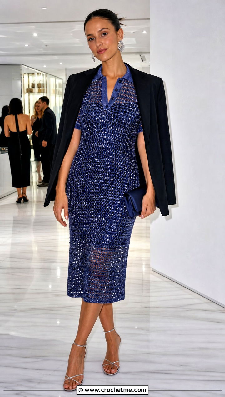 Metallic Thread Crochet Polo Dress With Strappy Sandals - 30 Crochet Polo Dress outfit ideas