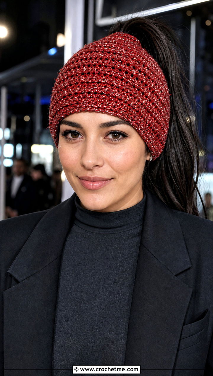Metallic Thread Crochet Ponytail Beanie With Blazer And Mini Skirt - 30 crochet beanie with ponytail hole outfit ideas
