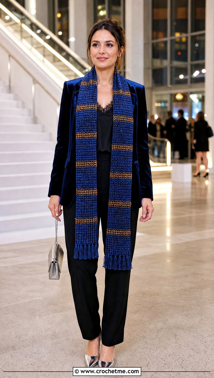 Metallic Thread Crochet Ravenclaw Scarf With Velvet Blazer - 35 crochet ravenclaw scarf outfit ideas