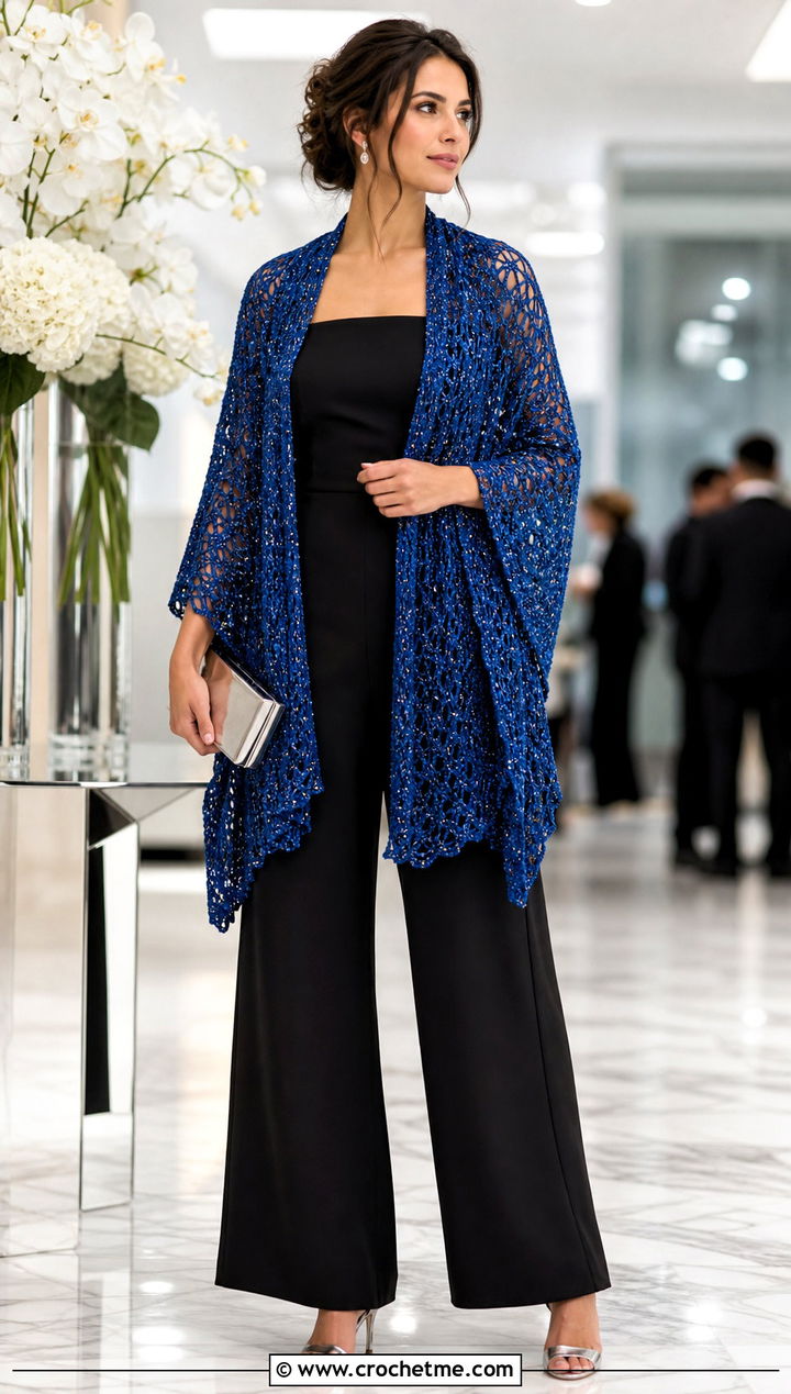 Metallic Thread Crochet Rectangle Shawl With Evening Jumpsuit - 35 Crochet Rectangle Shawl outfit ideas