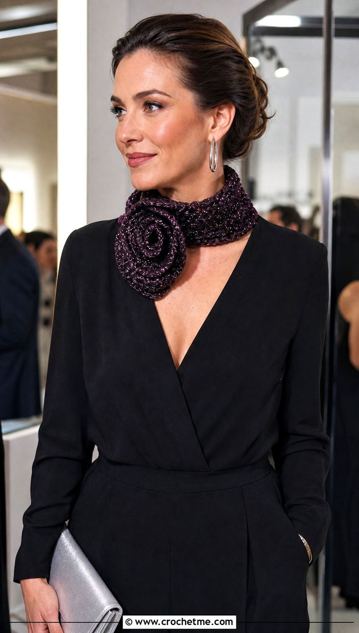 Metallic Thread Crochet Roll Up Scarf With Evening Jumpsuit - 25 Crochet Roll Up Scarf outfit ideas