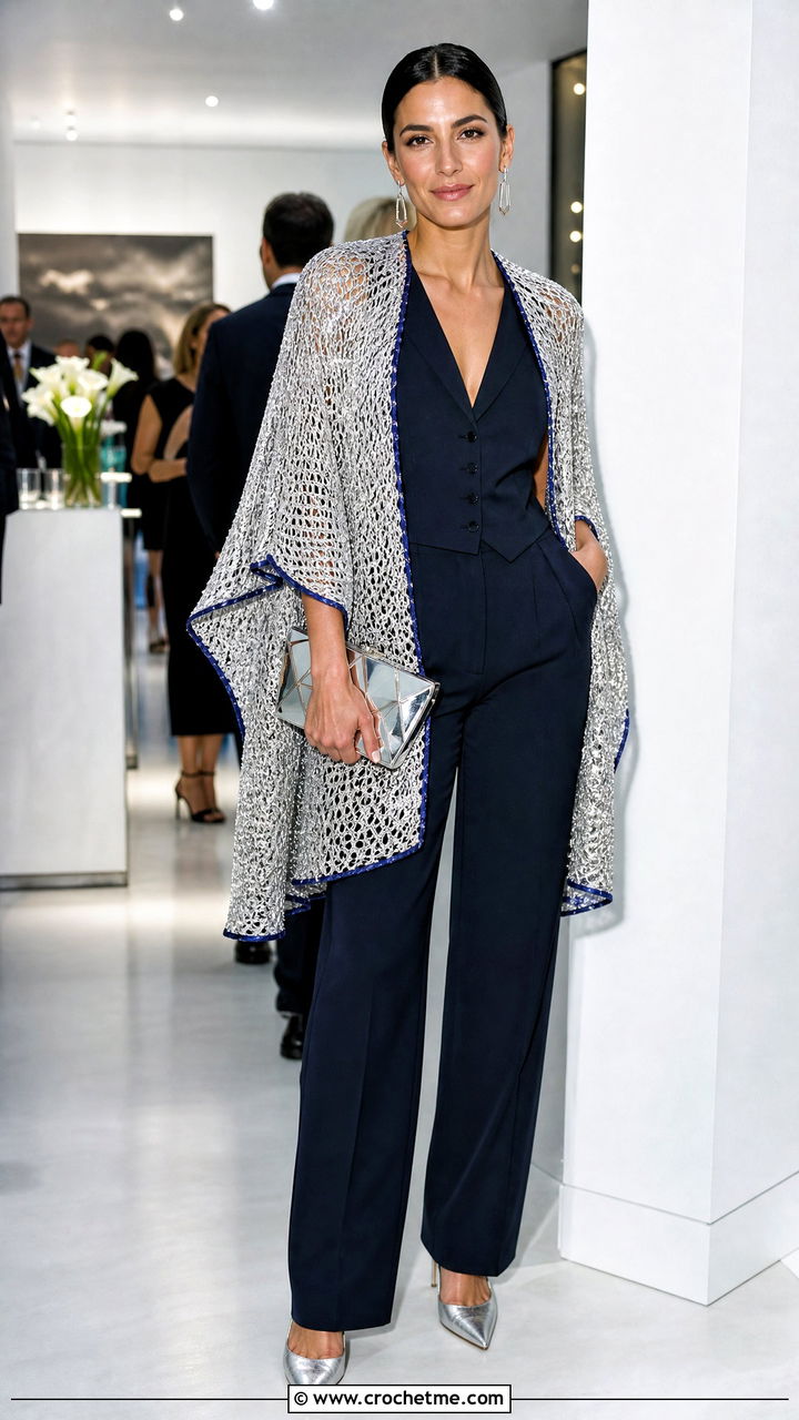 Metallic Thread Crochet Ruana With Trouser Suit - 35 crochet ruana outfit ideas