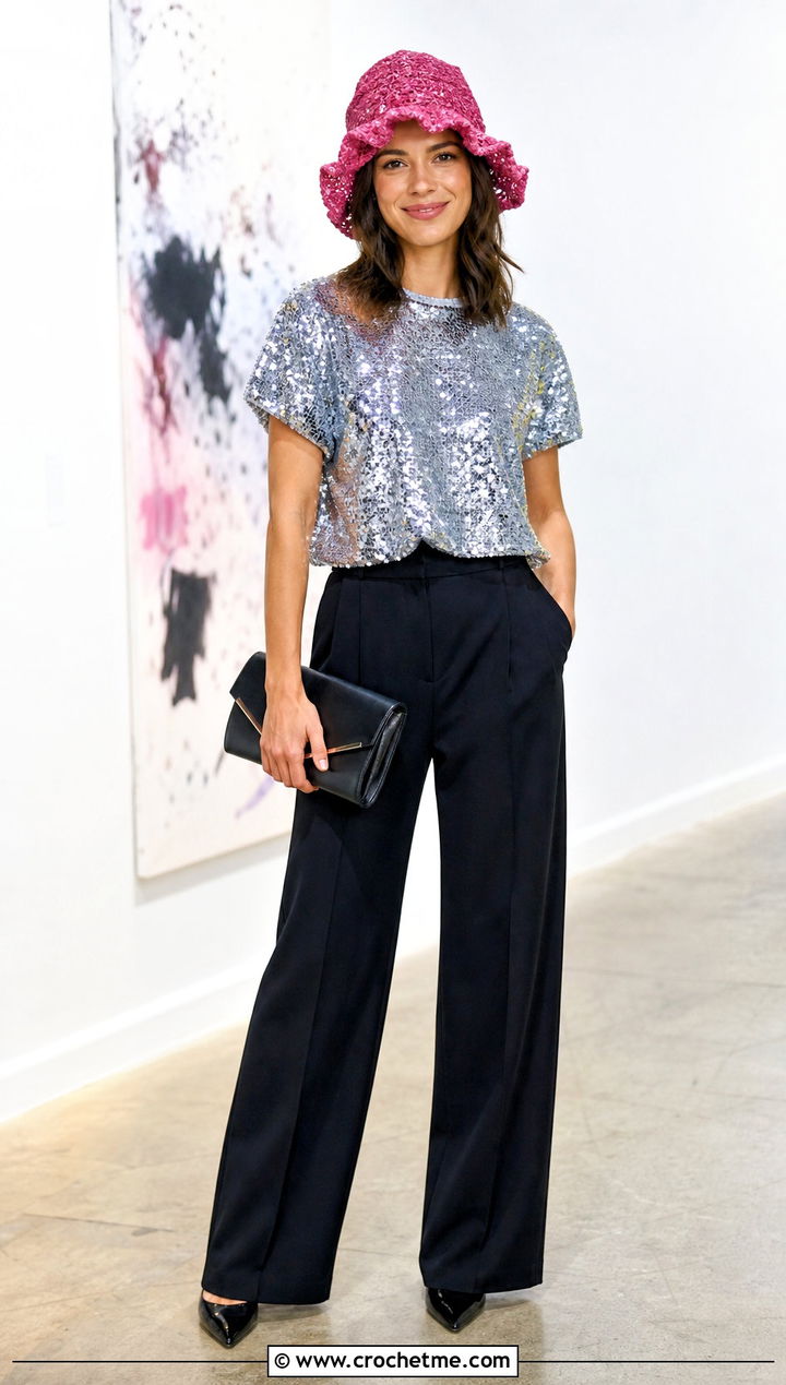 Metallic Thread Crochet Ruffle Bucket Hat With Sequin Top And Black Trousers - 35 crochet ruffle bucket hat outfit ideas
