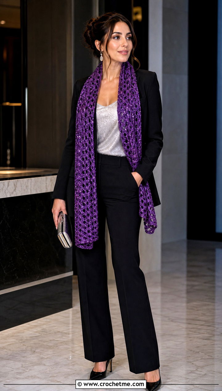 Metallic Thread Crochet Scarf With Suit And Heels - 35 small crochet scarf outfit ideas