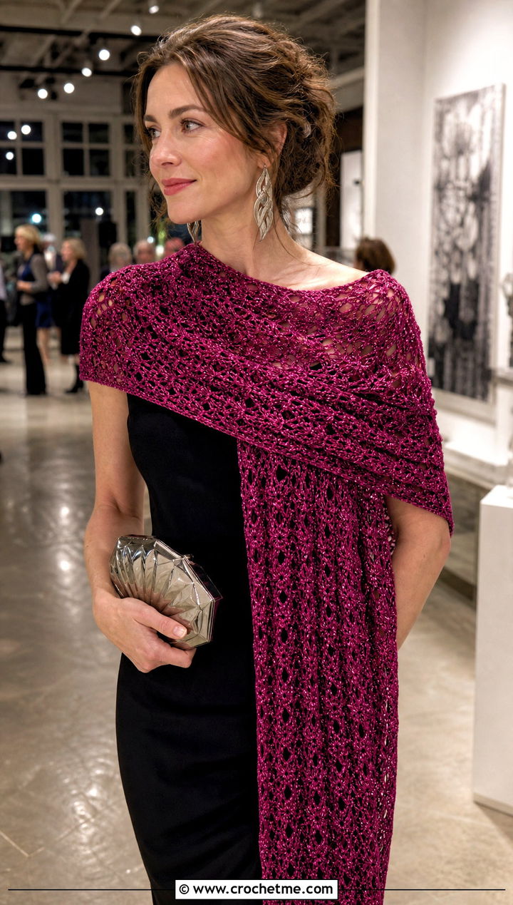 Metallic Thread Crochet Shawl Scarf With Column Dress - 30 crochet shawl scarf outfit ideas