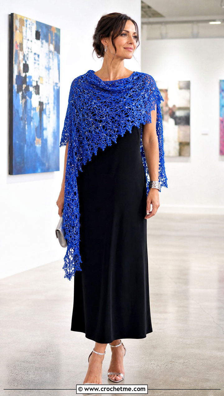 Metallic Thread Crochet Shawl With Black Dress - 30 crochet shawl wraps outfit ideas